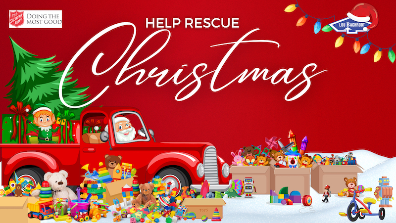 Red background with box filled with toys on snow. Santa is in an old Chevrolet truck. Text reads "Help Rescue Christmas".